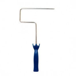 The PAINT FORCE 37600 Mini Roller Frame features a blue handle and L-shaped metal arm, set against a white background. Ideal for small painting projects, the frame measures 12 in. x 6-1/2 in., and does not include the roller attachment.